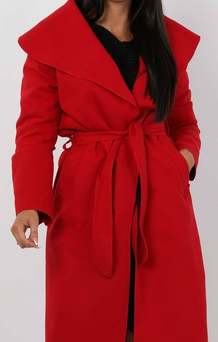 Femme Luxe - Vente Manteau – femme - Manteau long ceinturé rouge style duster à effet cascade - Femme Luxe8