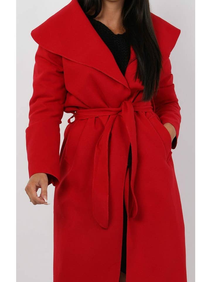 Femme Luxe - Vente Manteau – femme - Manteau long ceinturé rouge style duster à effet cascade - Femme Luxe8