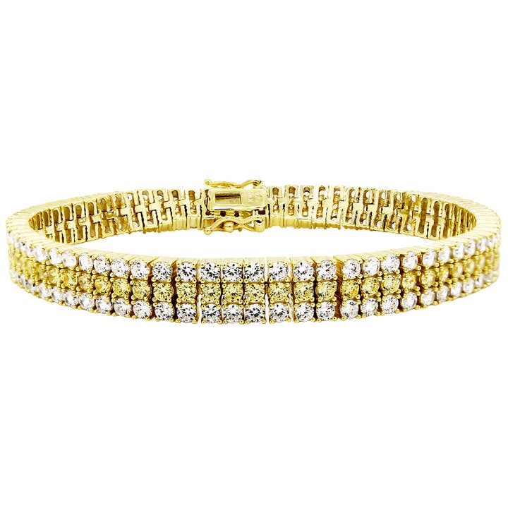 Bracelet de tennis à trois rangées en argent sterling plaqué or avec zircone cubique pour la vente par Dlux Jewels