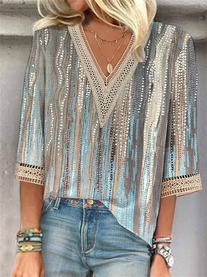 Flarix - Wholesale Blouse - Women's - dot lace trims print sleeve casual basic v neck