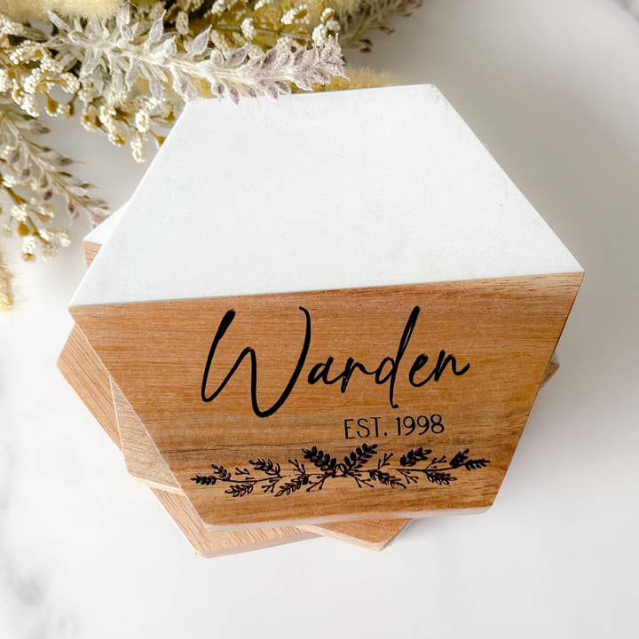 Personalized Marble and Wood Coasters for wholesale by Woobie Beans Jewelry, Gifts & Apparel