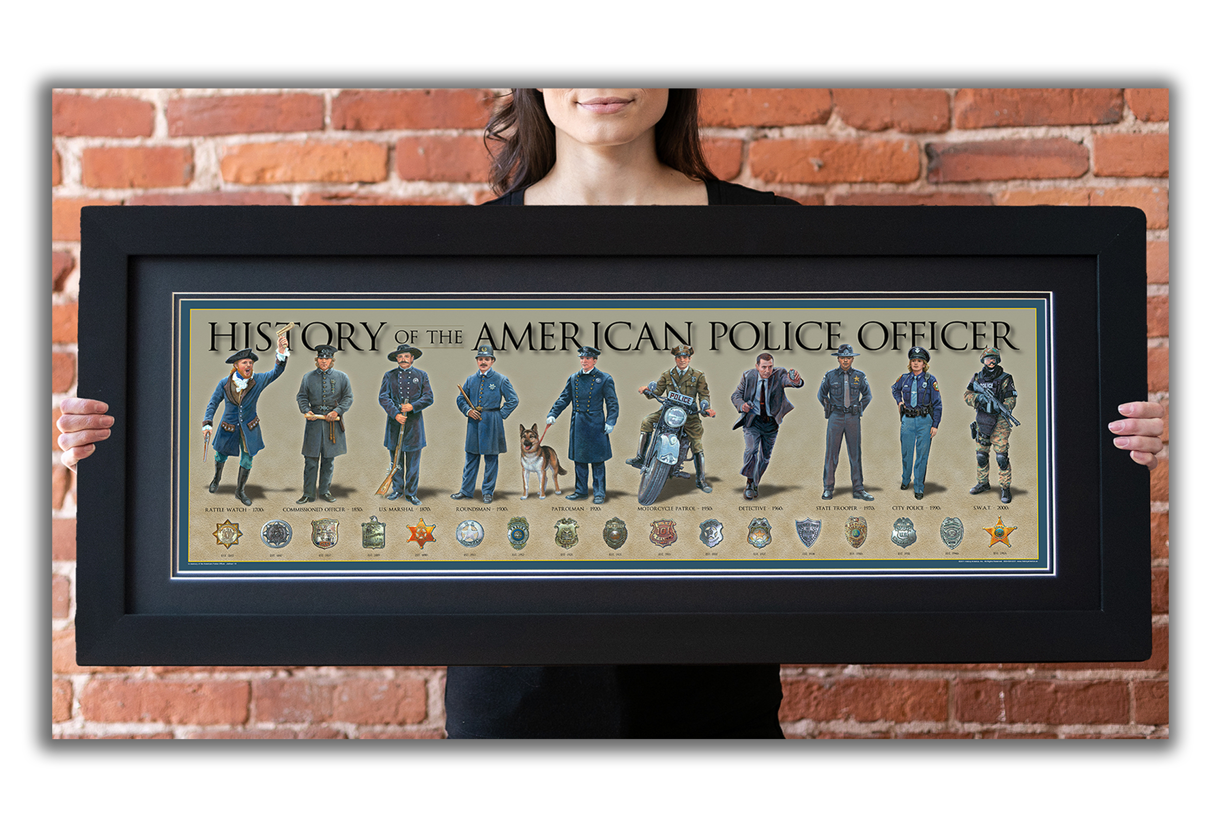 History America - Wholesale Art Print - History of the American Police Officer - Framed 2” Black Double Matted, Flat Molding 11 ¾" x 36"3