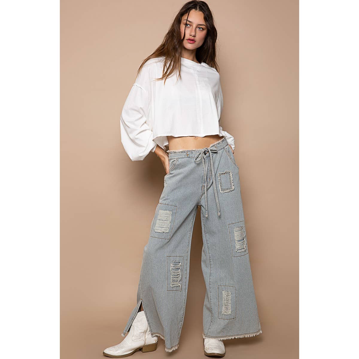 DENIM RAYÉ Pantalon large en jean à rayures à la taille vieillie en vente sur Faire3