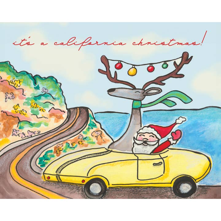 Californien julekort - santa, rensdyr, PCH, cruising for engroshandel hos Kerry Quinn's Kitsch