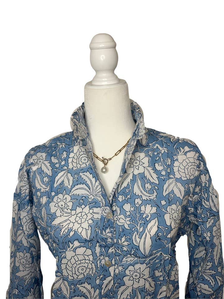 Blue & White Floral Print Ruffled Collared Blouse for wholesale by Rena Lina