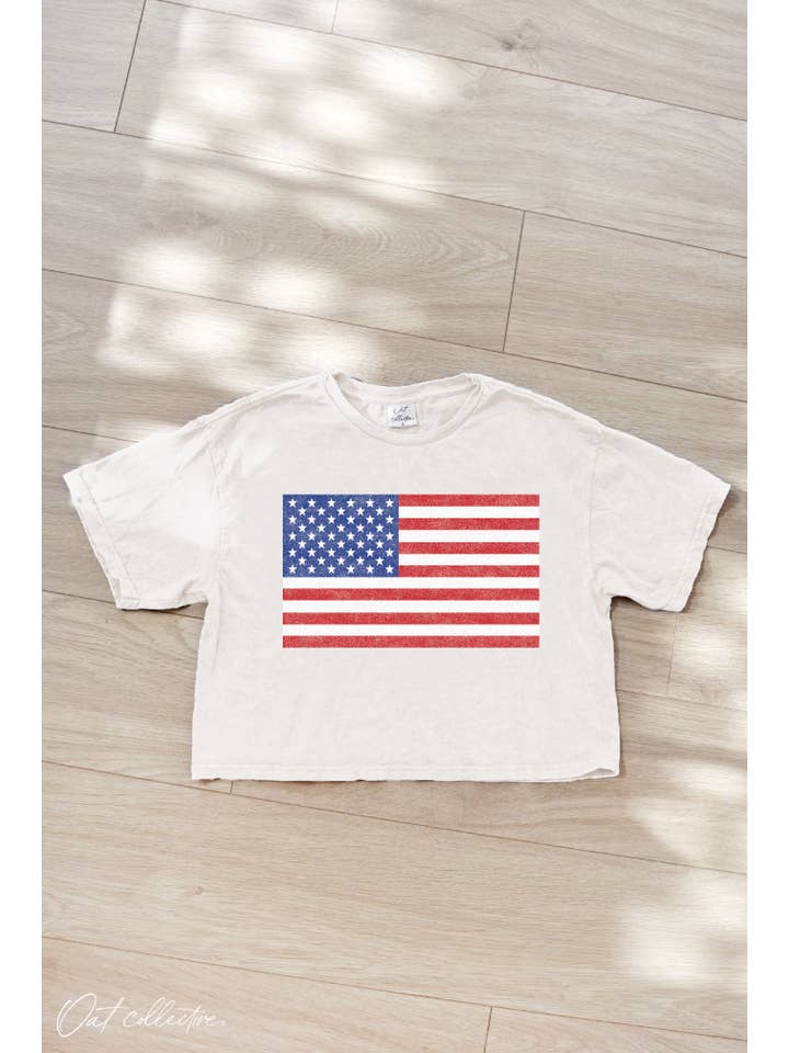 OAT COLLECTIVE - Wholesale Screen Printed T-Shirt - Women's - USA FLAG Cropped Mineral Graphic Top