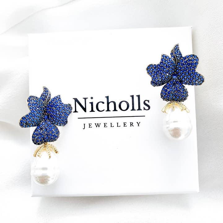 Deluxe Baroque Pearl and Crystal Flower Earrings for wholesale by Nicholls Jewellery