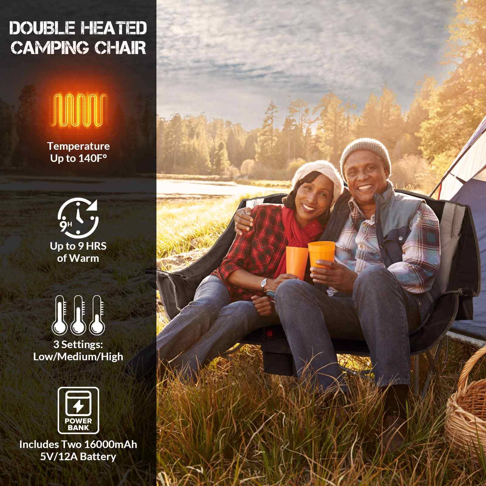 Antarctica Outdoors - Vendita all'ingrosso Sedie pieghevoli - Sedia da campeggio riscaldata doppia ANTARCTICA GEAR, sedia pieghevole per 2 persone, sedia riscaldata portatile a due posti.8