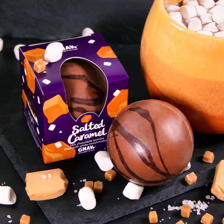 GNAW Chocolate - Wholesale Hot Cocoa Mix/Kit - Salted Caramel Hot Chocolate Bomb with Marshmallows 💛