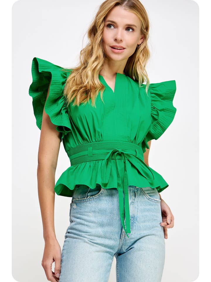 Strut & Bolt - Wholesale Blouse - Women's - Flutter Sleeve Peplum Poplin Top33