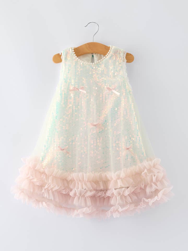 Iridescent Sequin Bow Ruffle Tulle Girls Dress for wholesale by Rylee Faith Designs