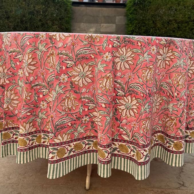 Fabricrush - Wholesale Tablecloth - New Candy Pink Indian Hand Block Print Round Tablecloth