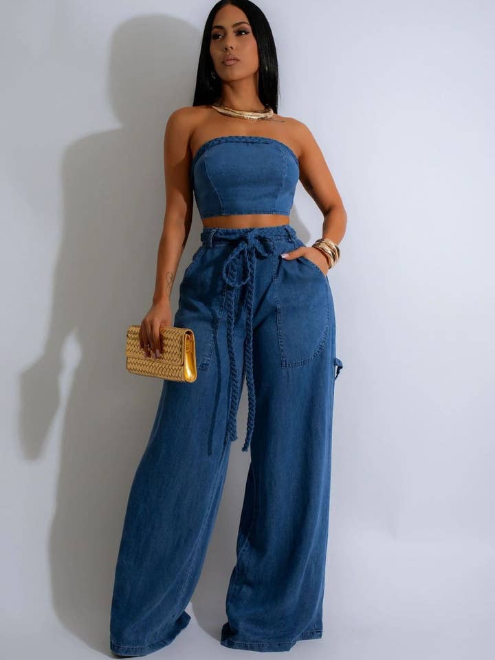 Blue Women Fashion Casual Denim Tube Top Wide Leg Lace-Up Jeans Set for wholesale on Faire