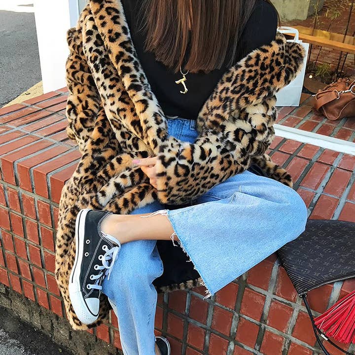 Street Wild Leopard Pattern Faux Fur Long Coat for wholesale on Faire2
