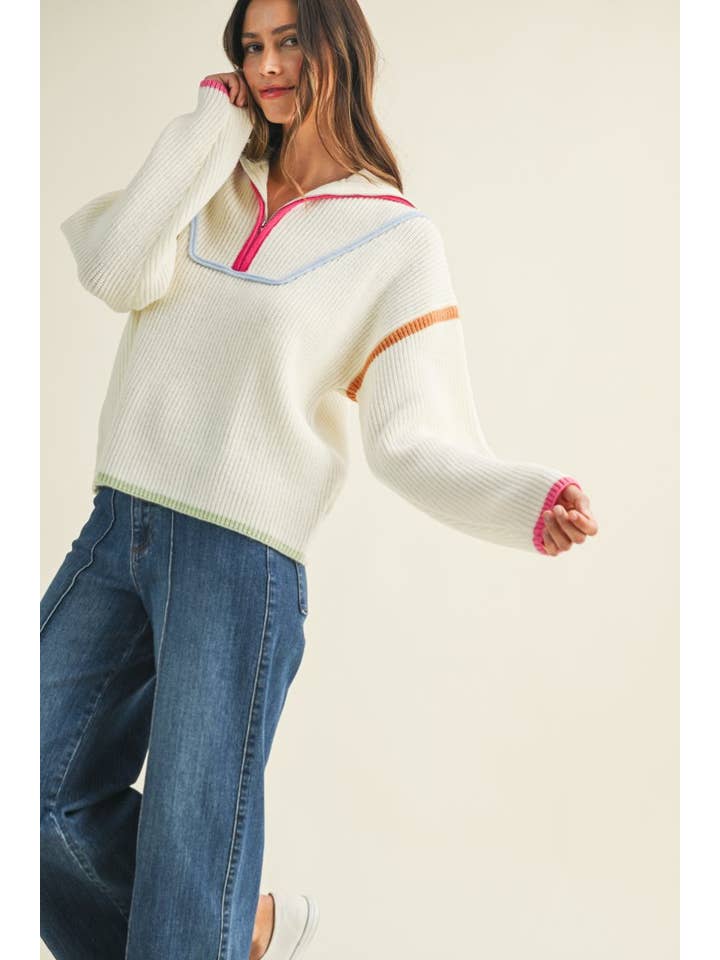 Vanilla Monkey - Wholesale Knit Sweater - Women's - Multi Color Binding Half Zip-up Sweater Top2