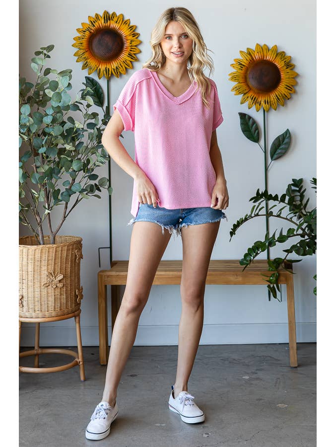 7th Ray - Wholesale Knit Top - Women's - V-Neck Solid Twist Rib Women's Knit Top T5545