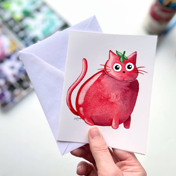 Cat Tomato Greeting Card – Funny Fruit Vegetable Stationery for wholesale by Owlfeathers Watercolor