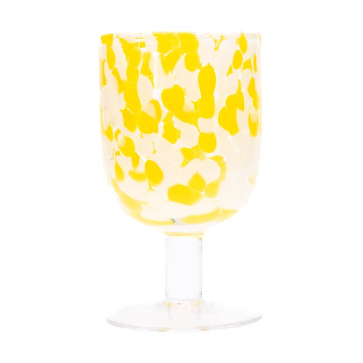 Yellow print wine glass for wholesale by The Glass House Wholesale Interiors Ltd.
