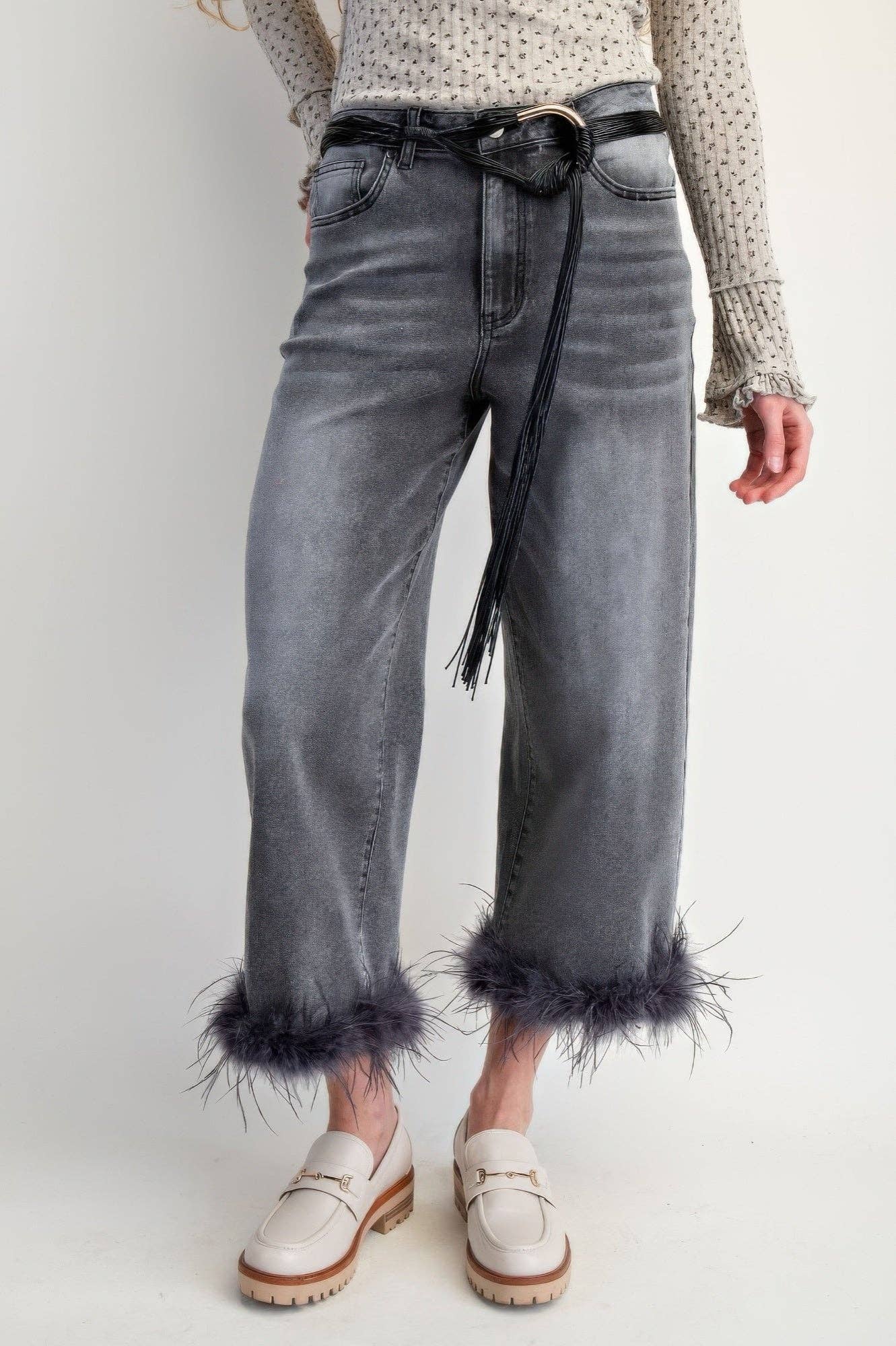 Garden Naked - Wholesale Jeans - Women's - Fur Bottom Hem Washed Stretch Denim Pants2