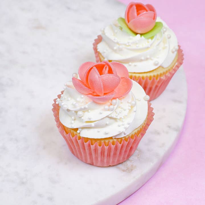Summitbaking - Vente Décoration pour cake/cupcake - Décorations de cupcakes en papier gaufré rose comestible avec feuilles de roses2