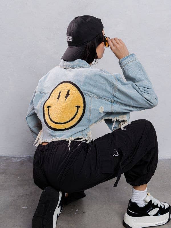 Trio Urban - Vente Veste en jean – femme - Veste courte en jean jaune Smiley Face8