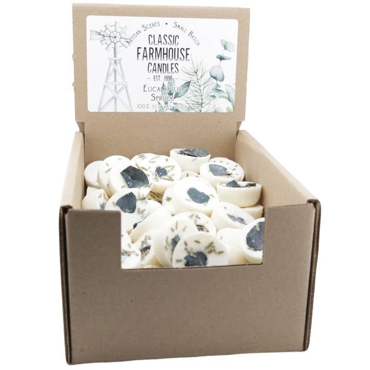 NEW! Soy Wax Melts - Eucalyptus Spruce 80 pc Box for wholesale by Classic Farmhouse Candles