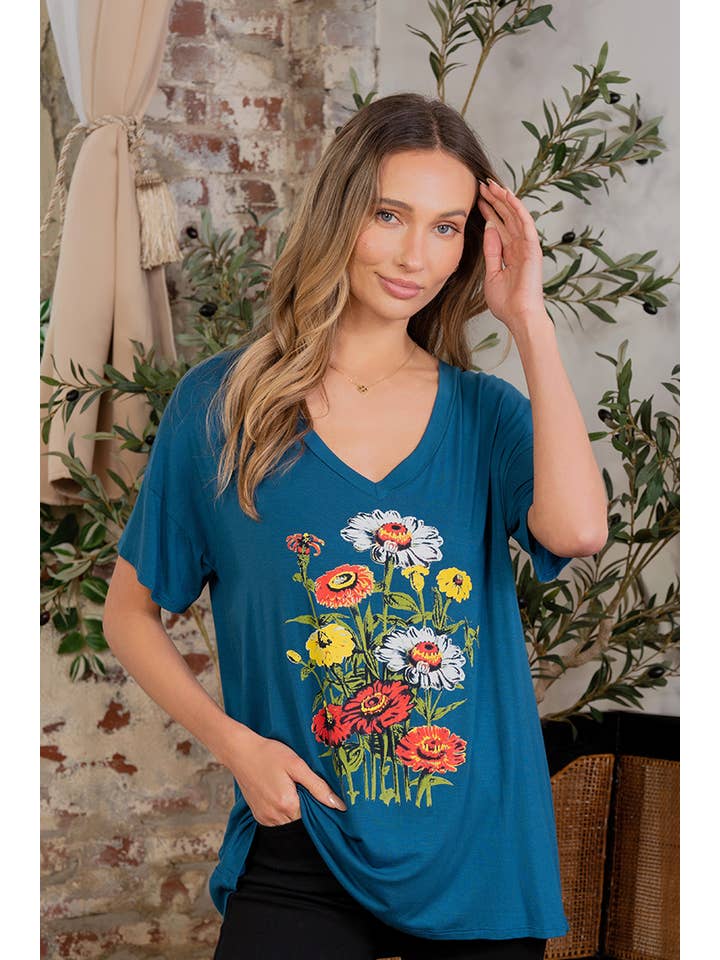 Teal Oversized V-neck Graphic Short Sleeve Top for wholesale on Faire