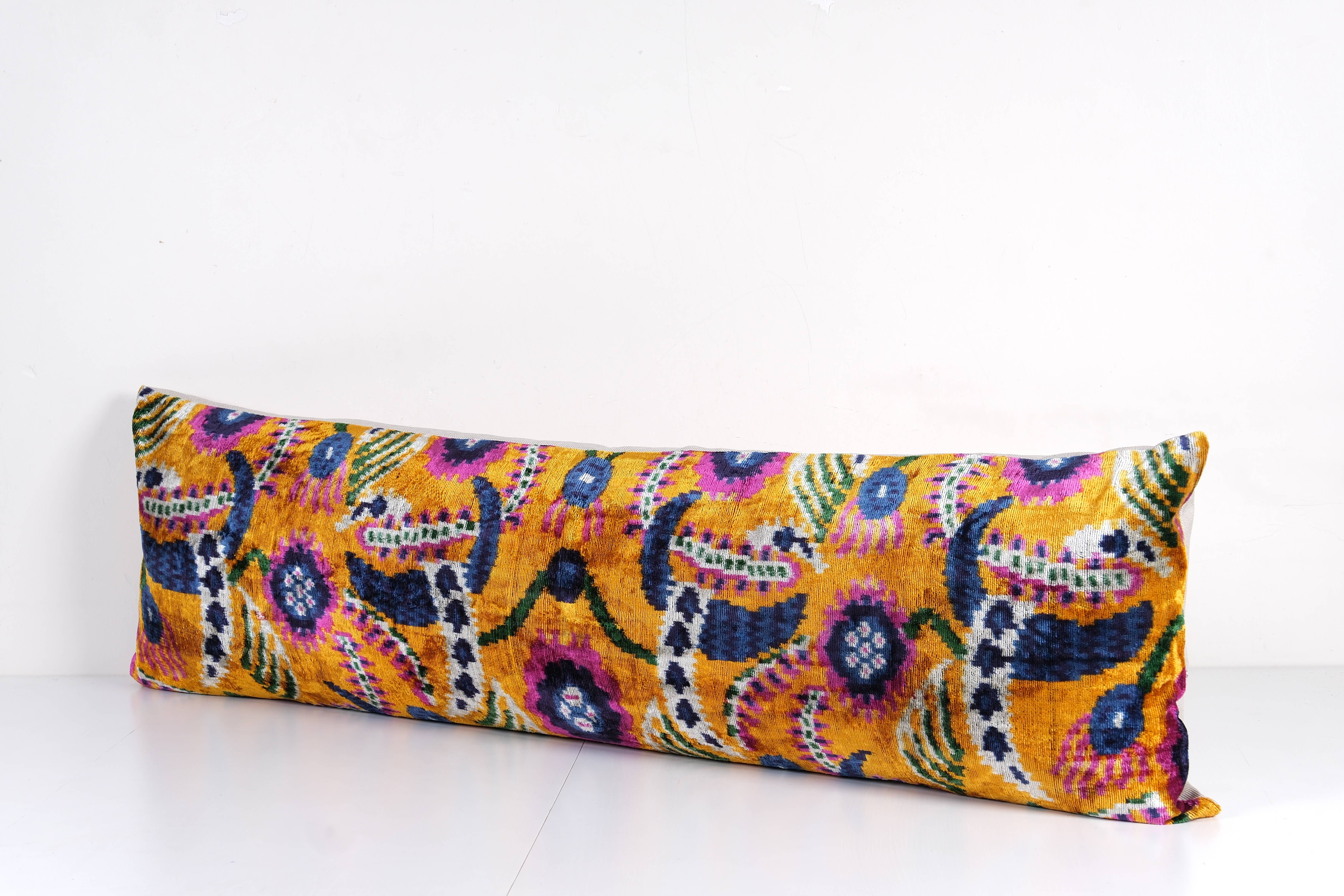 Vintage Pillows Store - Wholesale Lumbar Pillow - Orange Extra Long Ikat Velvet Pillow, Floral Printed Lumbar 2