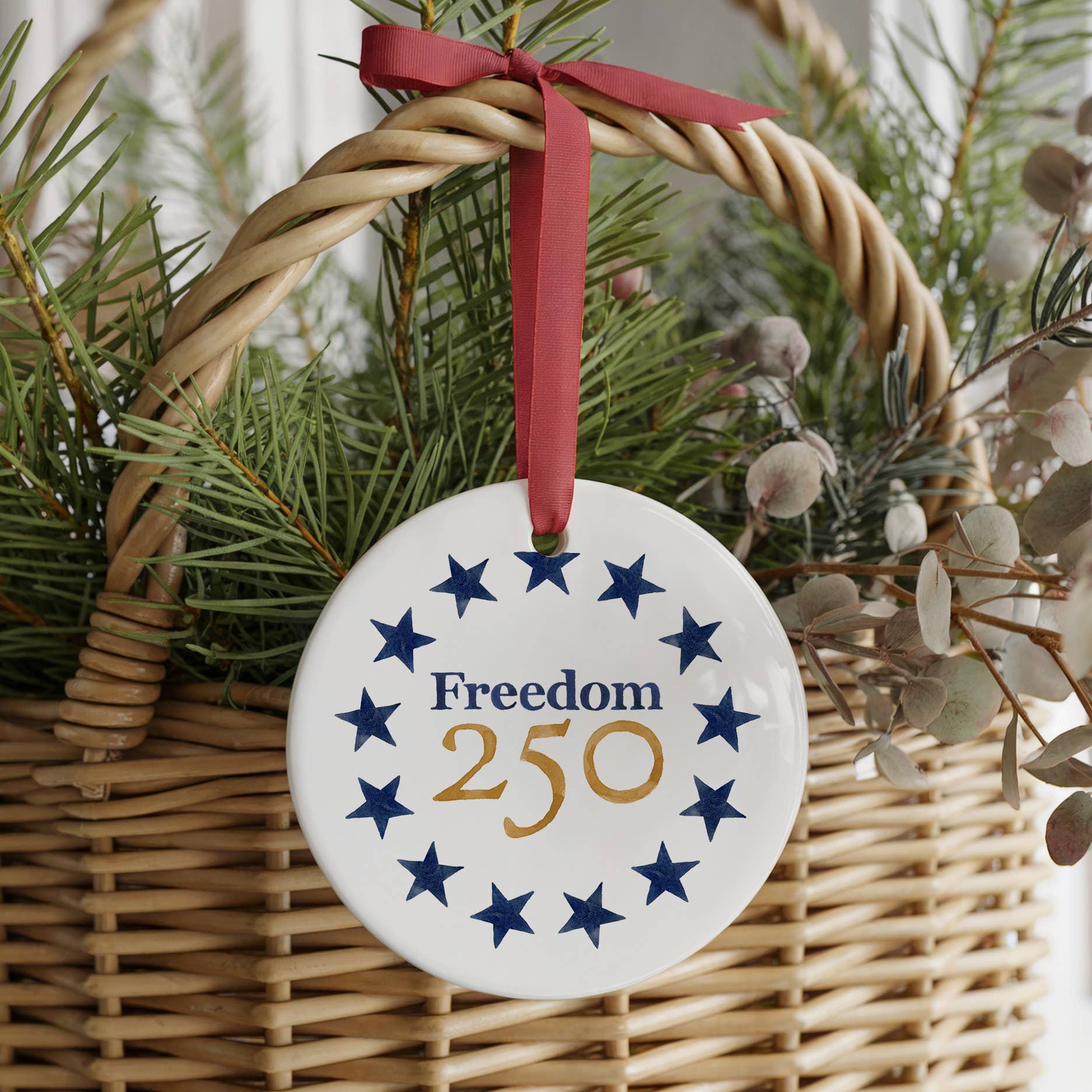 The Muddy Dog - Wholesale Ornament - Freedom250® Patriotic Basket 2 Sided Ornament With Gift Box2