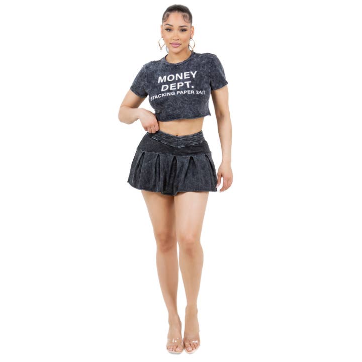 YT4908/YS3573 Mineralvasket Kort Top og Plisseret Nederdel Sæt for engroshandel hos Yellow Cabbage