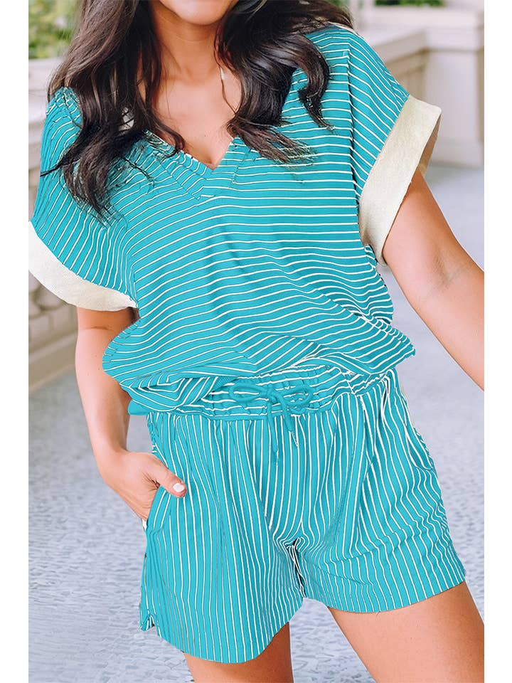 Little Daisy Closet - Wholesale Top & Pant Set (NOT Loungewear) - Women's - LDC Stripe V Neck Tee and Casual Short Set
