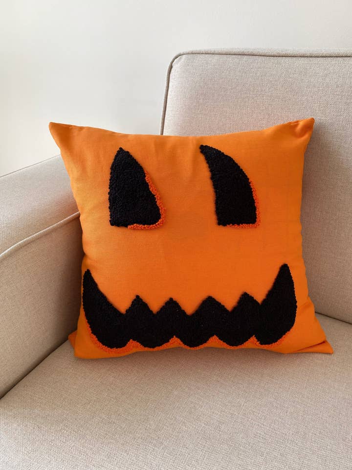 Hand Tufted Halloween Pillow Cover with Pumpkin Embroidery for wholesale by Honey Art and Nature