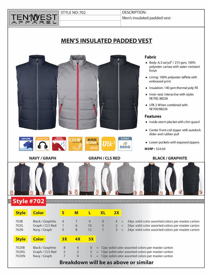 Gilet imbottito da uomo blu per la vendita all'ingrosso da parte di Ten West Apparel