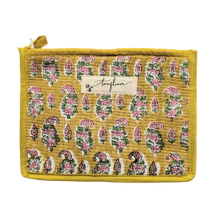 Borsetta media trapuntata con stampa a blocchi di fiori gialli e rosa per la vendita all'ingrosso da parte di Twinflower