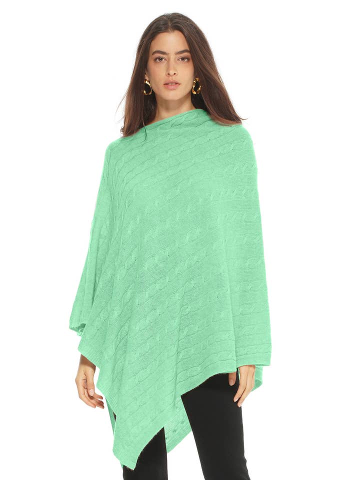 Women's Pure Cashmere Textured Knit Poncho Kiwi for wholesale by Monticelli Cashmere