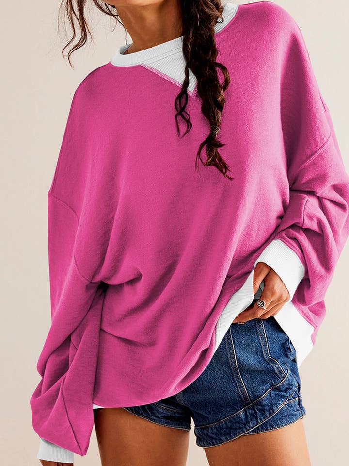 Lovesoft - Wholesale Sweatshirt - Women's - Solid Color Round Neck Fork Loose Sweatshirt Sweater24