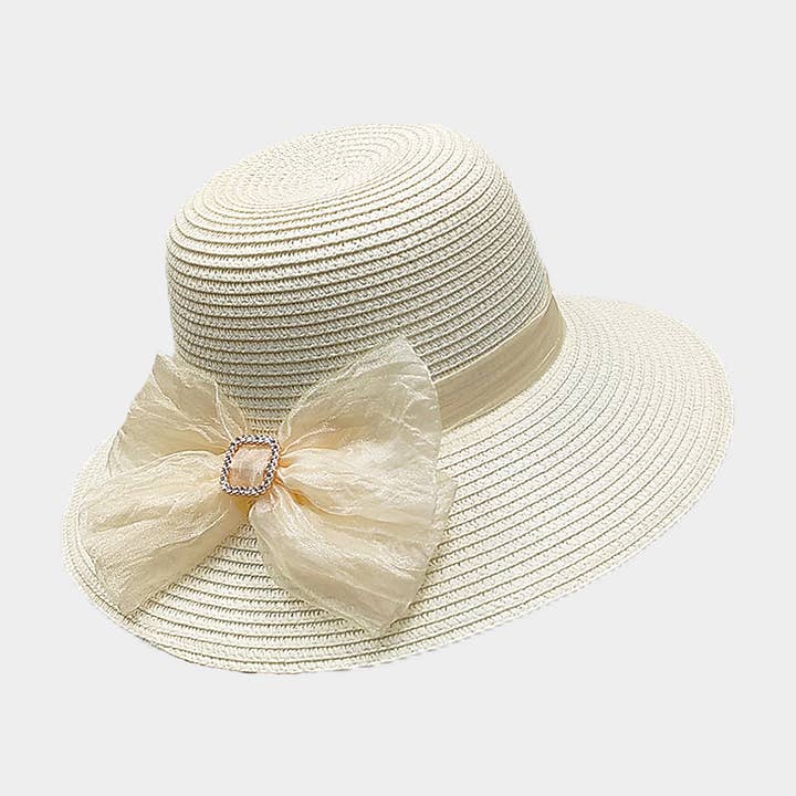 Sensibling Corp. - Wholesale Straw Hat - Women's - Fabric Bow Band Accented Straw Sun Hat