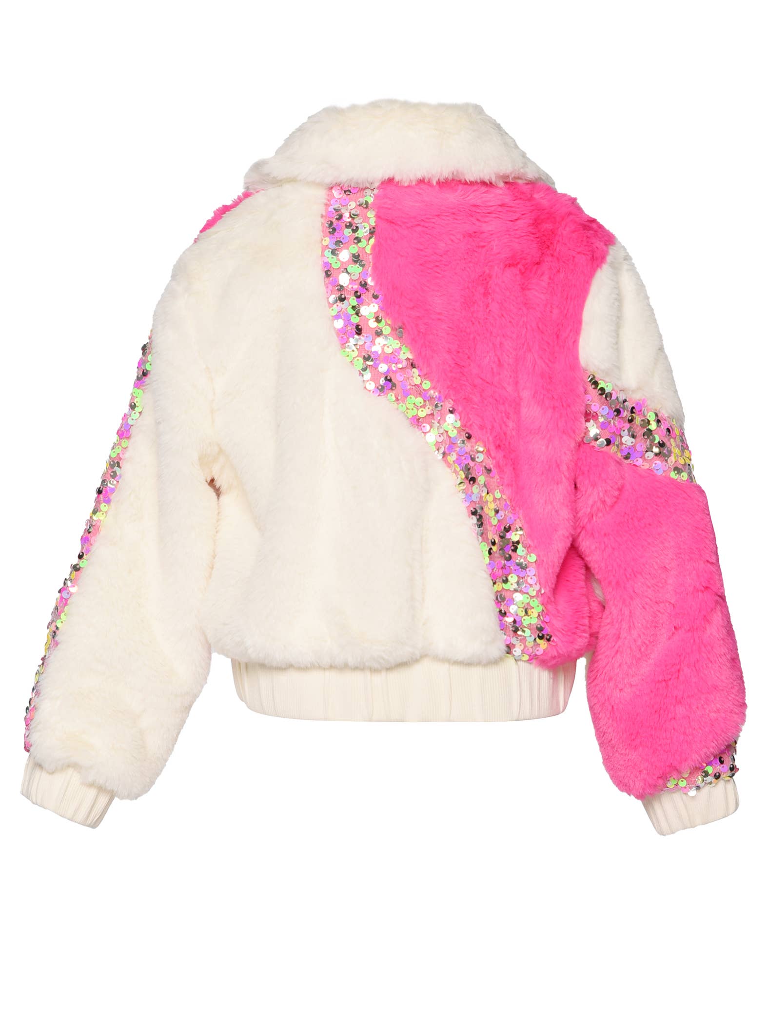 IVORY MULT 2-TONE FAUX FUR BOMBER JACKET W/ SEQUIN DETAIL for wholesale on Faire2