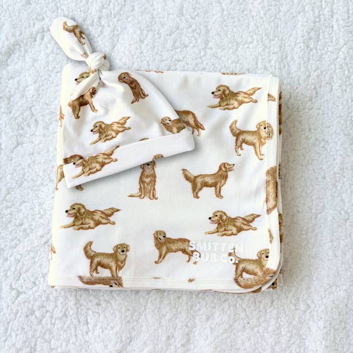 Ensemble d'emmaillotage Golden Retriever pour la vente par Smitten Bub Co.