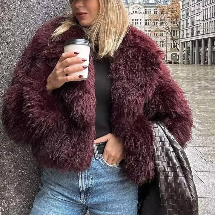Burgundy Fuzzy Lapel Faux Fur Cropped Coat for wholesale on Faire
