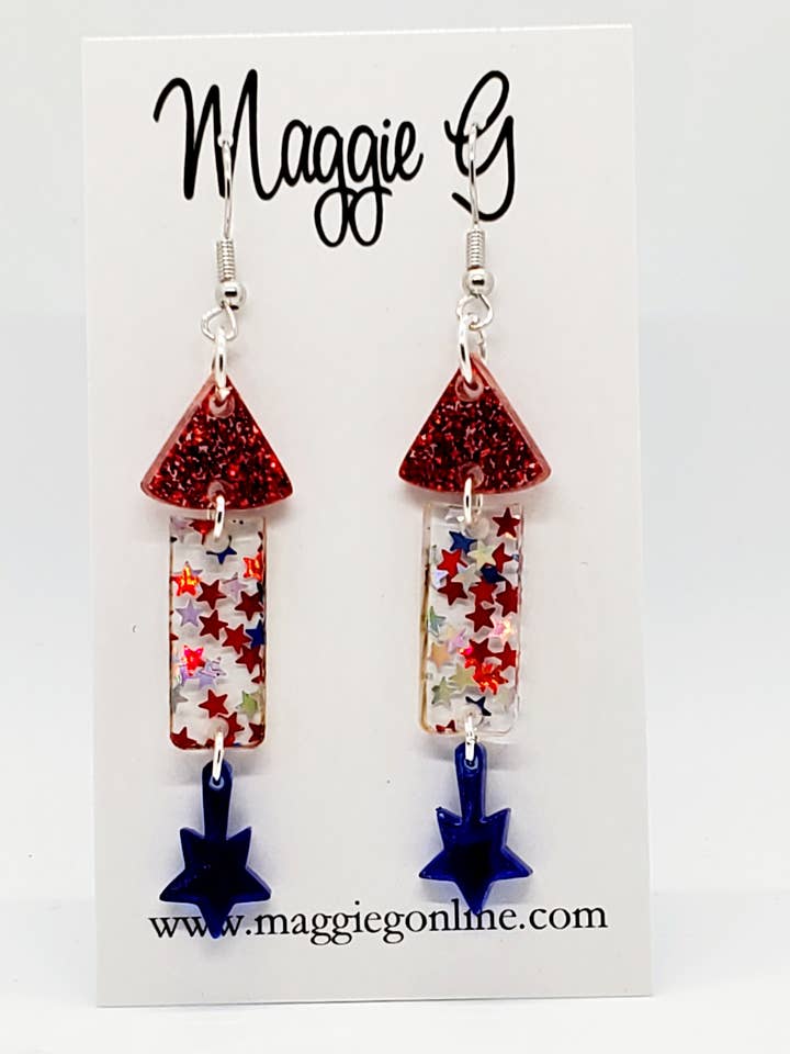 Red White & Blue 4th of July Earrings Firecrackers for wholesale by Maggie G