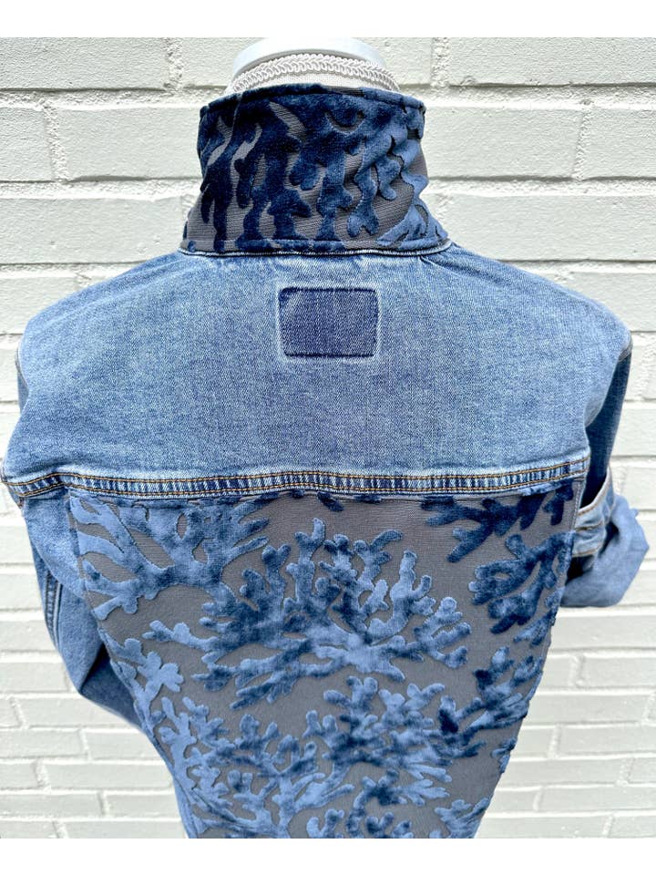 Stevie Denim Jacket - Denim w Blue Velvet Coral for wholesale on Faire