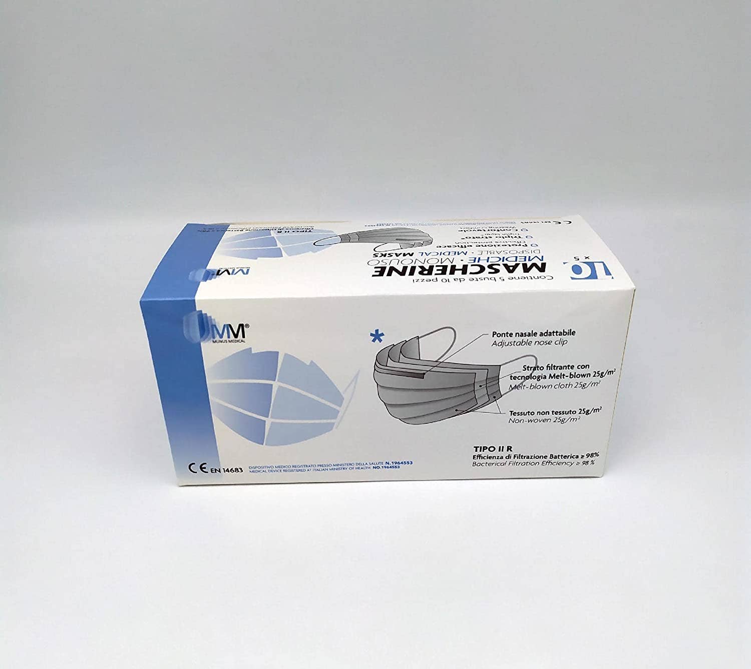 Munus Medical - Venta al por mayor Mascarilla facial protectora - Mascarilla quirúrgica para adultos MM-005 - 5 bolsas de 10 piezas1