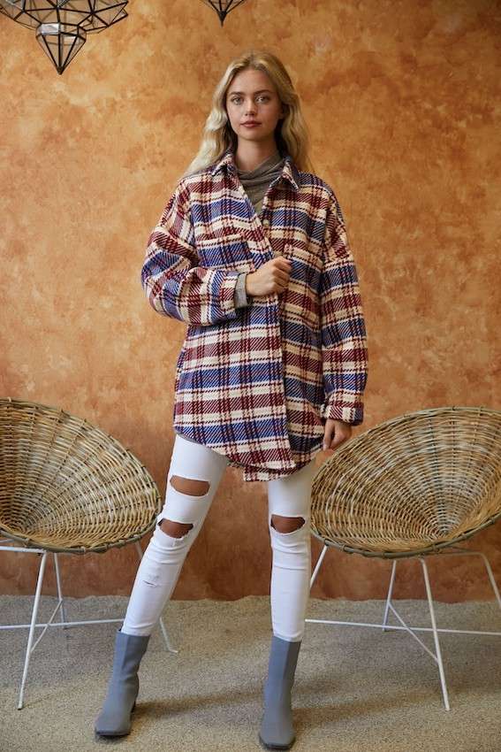 Davi & Dani - Vente Veste-chemise – femme - PLUS VESTE BOUTONNÉE À CARREAUX AVEC POCHE POITRINE14