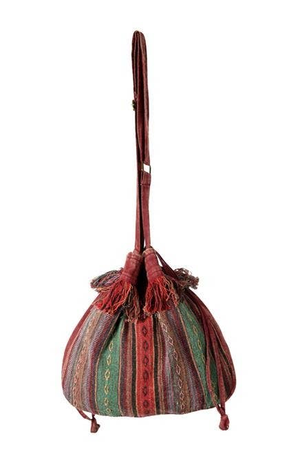 Earth Divas - Wholesale Crossbody Bag - Women's - Boho Striped Tibetan Drawstring Sling Bag with Patchwork1