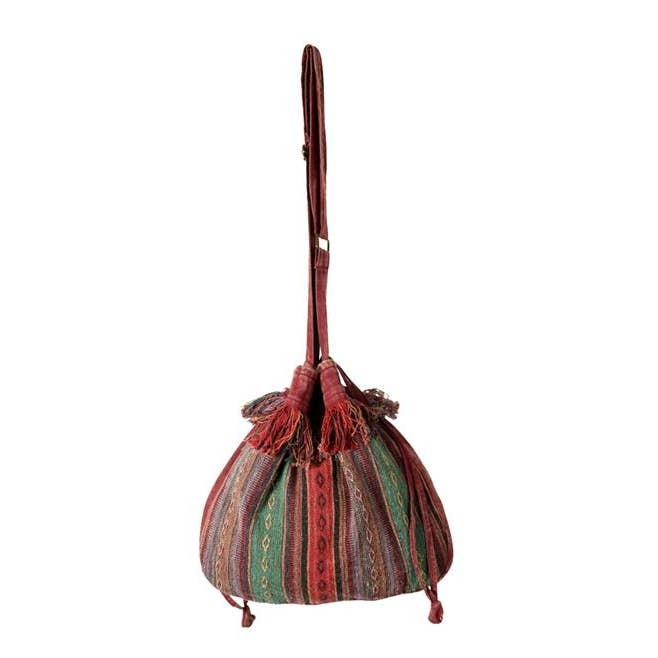 Earth Divas - Wholesale Crossbody Bag - Women's - Boho Striped Tibetan Drawstring Sling Bag with Patchwork1