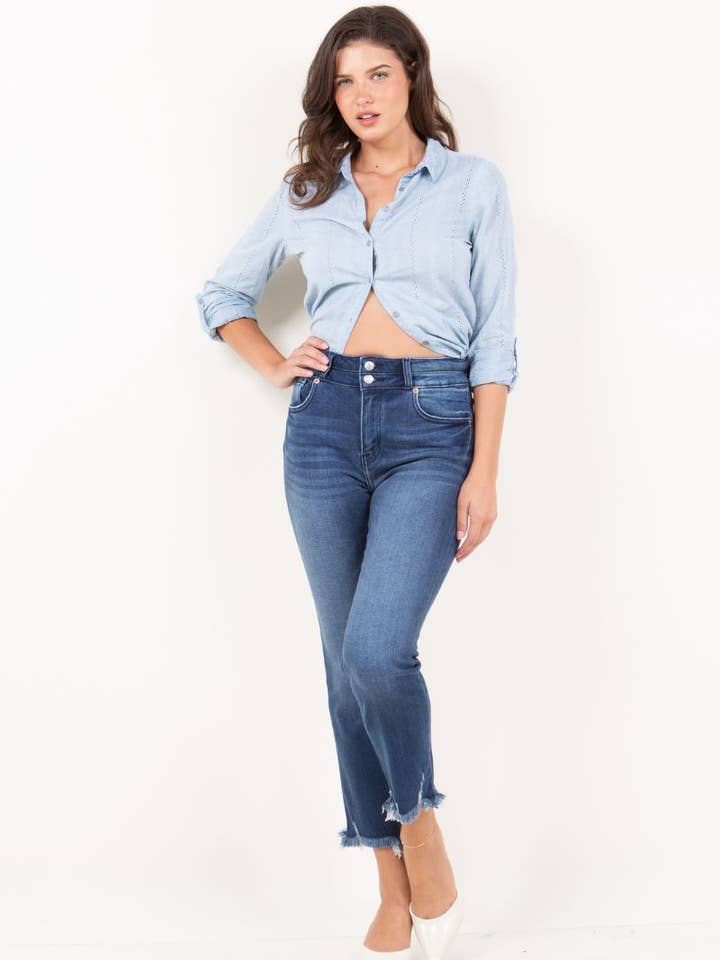 CORSET DOUBLE WAISTBAND STRAIGHT FRAYED HEM JEANS for wholesale by ARTEMIS VINTAGE