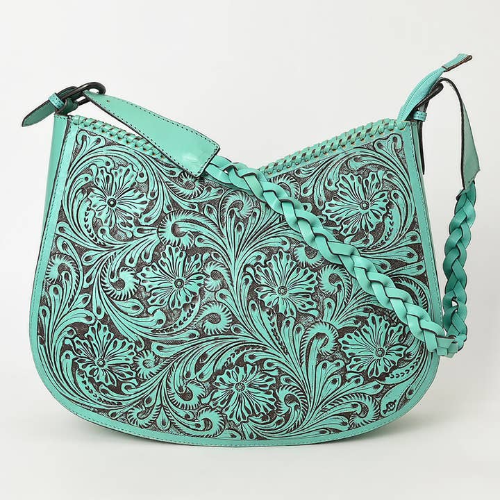 LS Western - Wholesale Shoulder bag – women's - LC-ADBGZ795 Hand-Tooled Western Leather Hobo Bag - Floral Carving with Braided Strap6