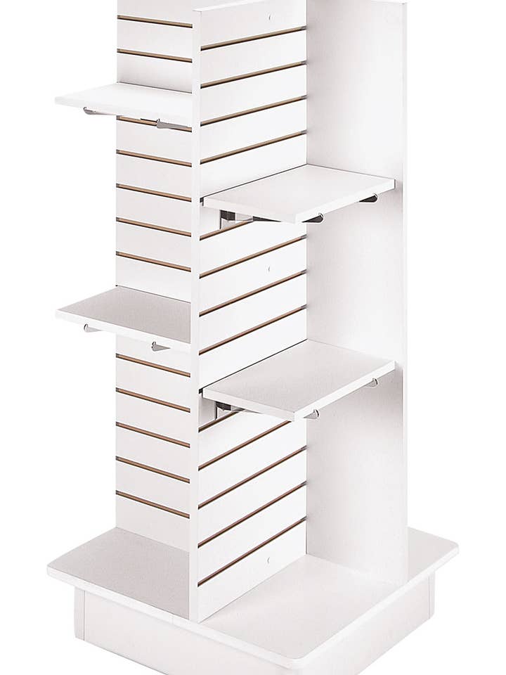4-Panel White Slatwall Tower With Casters And Shelves for wholesale by Store Supply Warehouse