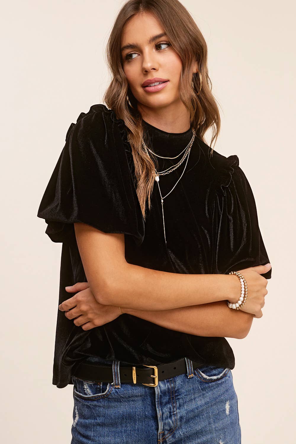 La Miel - Vendita all'ingrosso Camicetta - Donna - Top in velluto con maniche a sbuffo e collo alto, maniche corte15